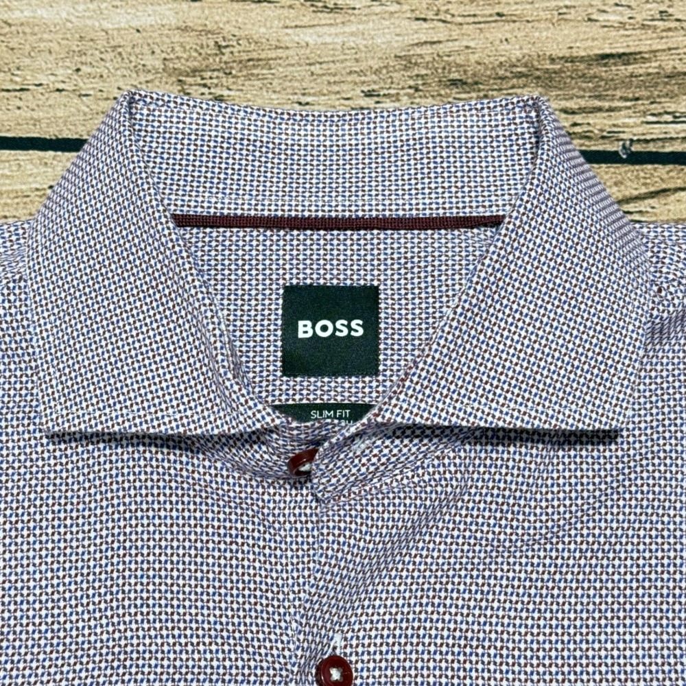 BOSS Dress Shirt Men L 16 Blue Burgundy Slim Fit Stretch H-HANK-spread-C5-233